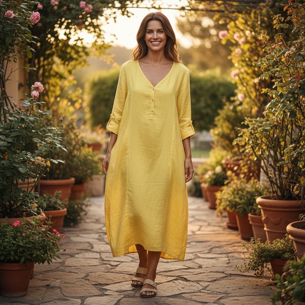 Flax NWOT Linen SZ LGE Yellow 3/4 Sleeve Henley Pockets Lagenlook midi dress
